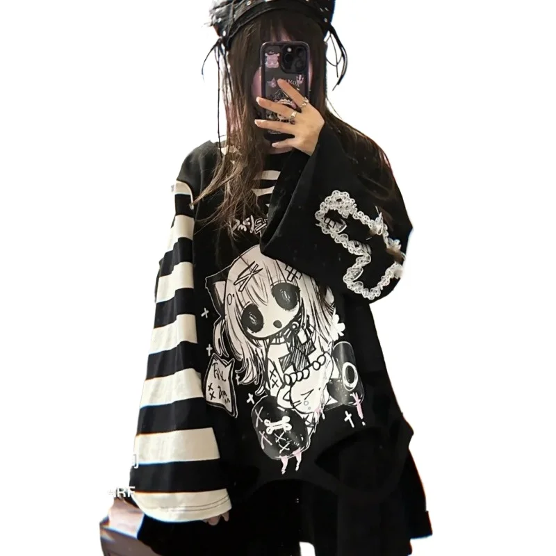 Gothic Original Subkultur Cartoon Ästhetik Hoodie Spitze Y2k Frauen Sweatshirt Japanische Kawaii Pullover Mit Kapuze Tops Schwarz Weiß