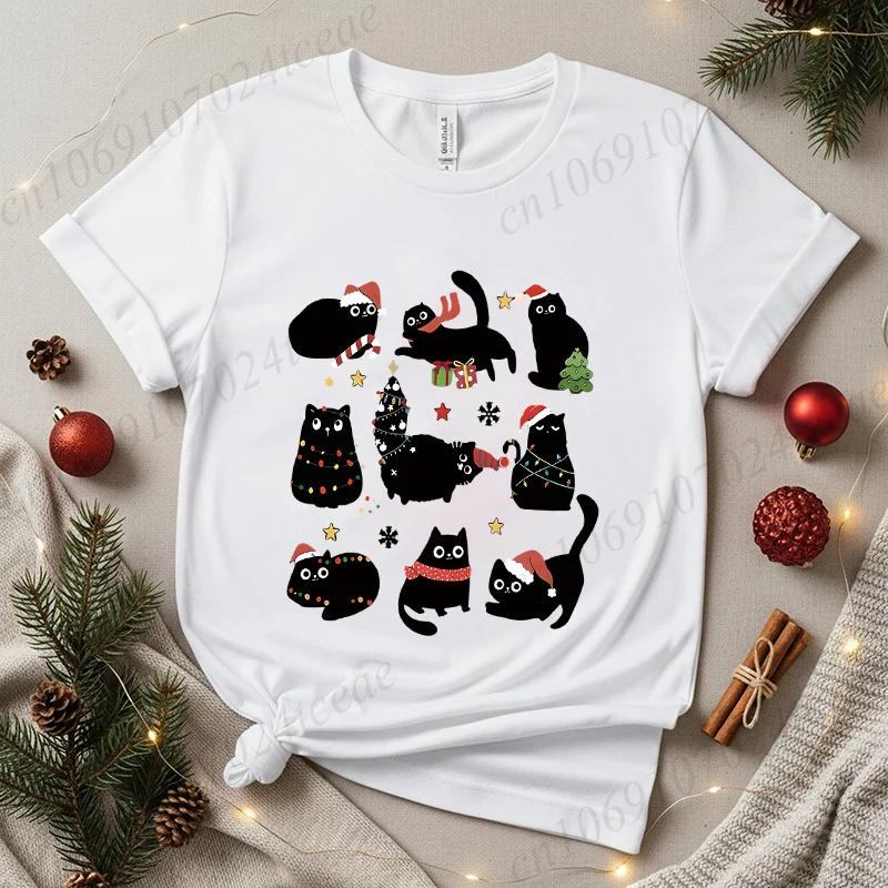 Cute Black Cat Christmas Shirt Clothes Funny Holiday Cats with Santa Hats Lights T-Shirts Graphic Tee Tops Xmas Party Clothing