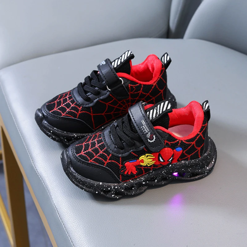 Spring Autumn Boys Spiderman Mesh Breathable Sport Shoes Disney LED Children\'s Sneakers Kids Casual Shoes Light Shoes for 0-6Y