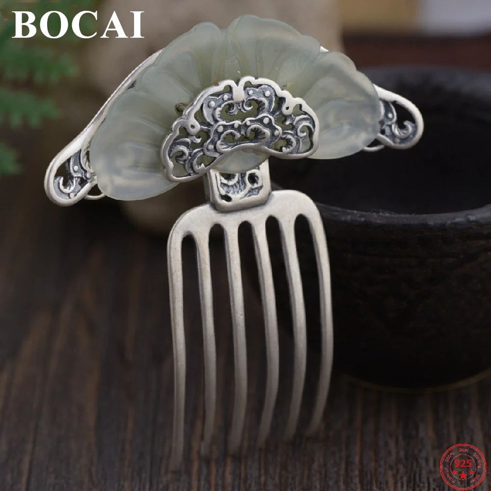 

BOCAI S925 Sterling Silver Hair Accessories Creative Flowers Totem Jade Headdress Pure Argentum Hairpin Charm Jewelry for Women