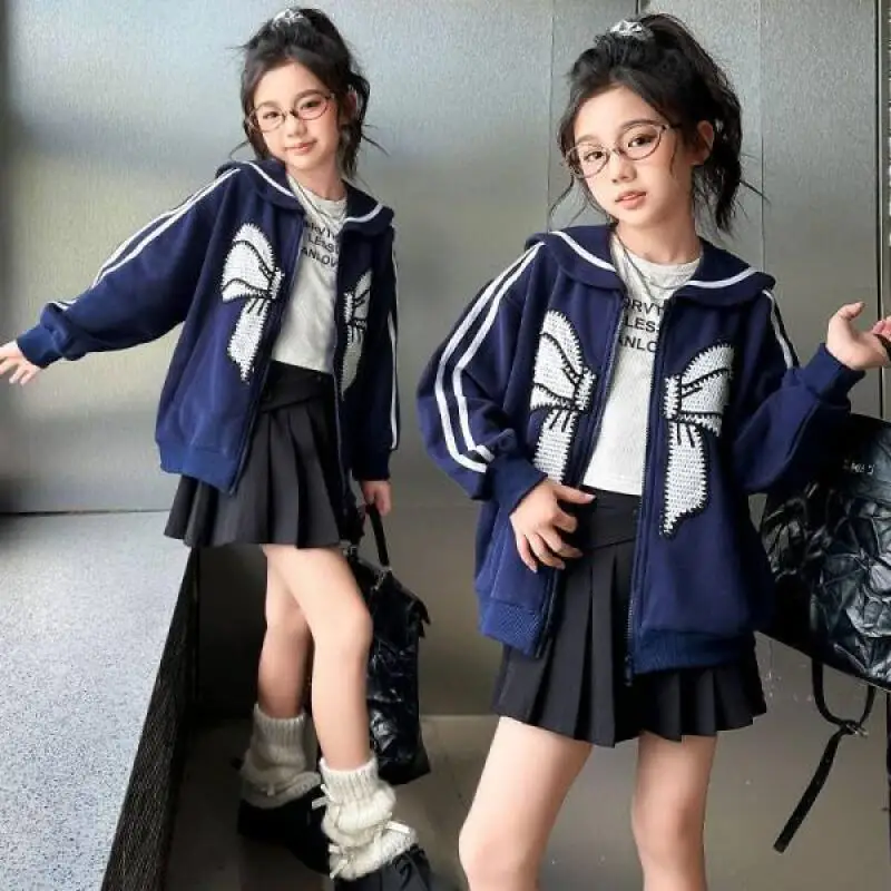 

Kawaii модный спортивный костюм для девочек, весенне-осенние студенческие повседневные топы с героями мультфильмов темно-синего цвета на молнии и длинными рукавами, детская одежда