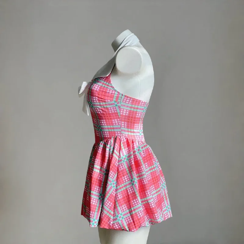 Korean Retro Plaid One-piece Swimsuit Women Sexy Sleeveless Backless Swimwear Kawaii Girls Bow Beach Dress Holiday Bathing Suit
