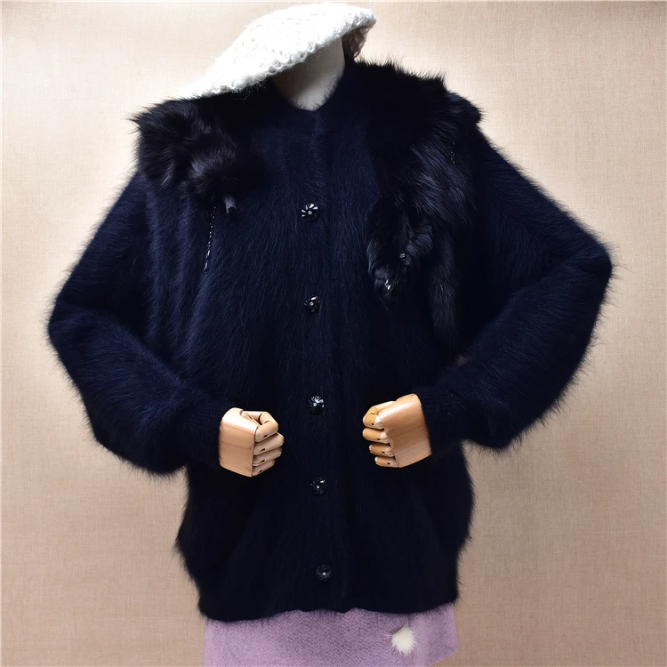 

Women Mujer Autumn Winter Clothing Vintage Beading Black Angora Rabbit Hair Knitted Long Batwing Sleeves Loose Cardigans Jacket