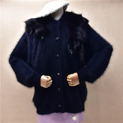 Women Mujer Autumn Winter Clothing Vintage Beading Black Angora Rabbit Hair Knitted Long Batwing Sleeves Loose Cardigans Jacket