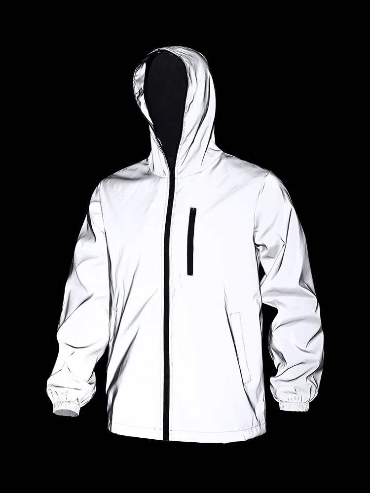 Spring Men Reflective Windproof Hooded Jacket Night Running Safe Glowing Coat Hip Hop Street Dance Outerwear