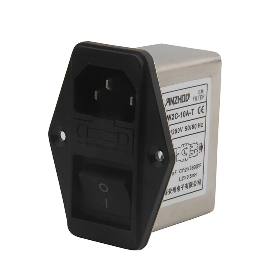 CW2C-10A-T AC115V/250V 6A 10A Panel Mount IEC 320 C14 EMI Filter w Boat Switch w Fuse Holder