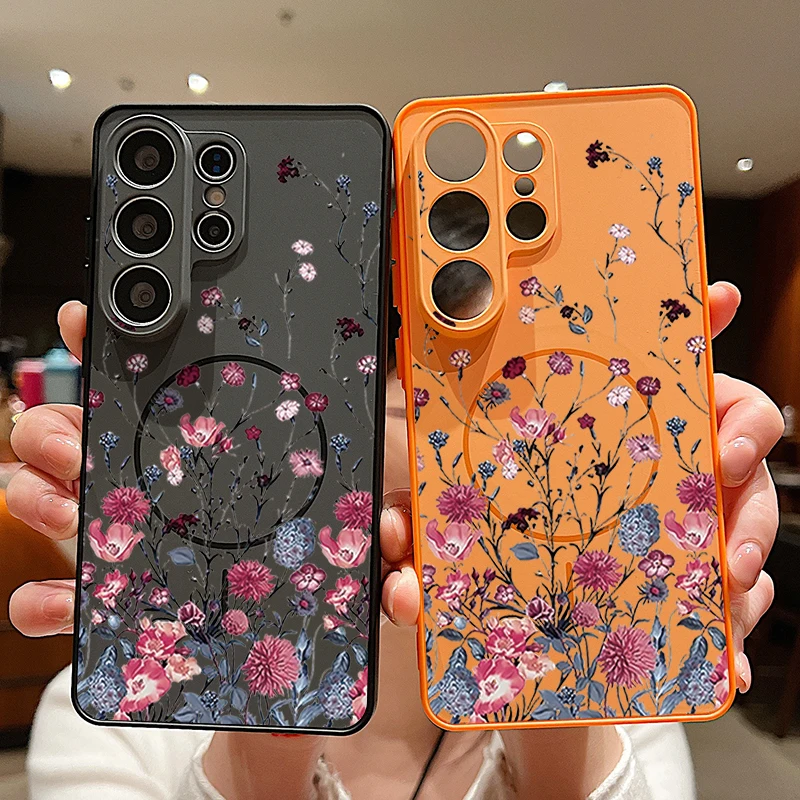 Retro-Blumenmuster Magnetische Handyhülle für Samsung Galaxy S25 S26 Ultra Edge S24 S23 FE A17 A56 A37 A16 A55 A15 A36 A55 Cover