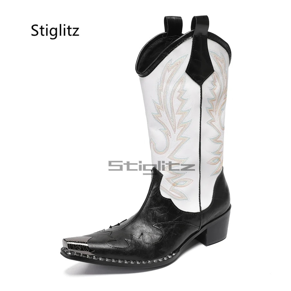 

Embroidery Cowboy Riding Boots Men Mixed Colors 6Cm High Heel Totem Retro Mid-Calf Western Boots Genuine Leather Winter Shoe