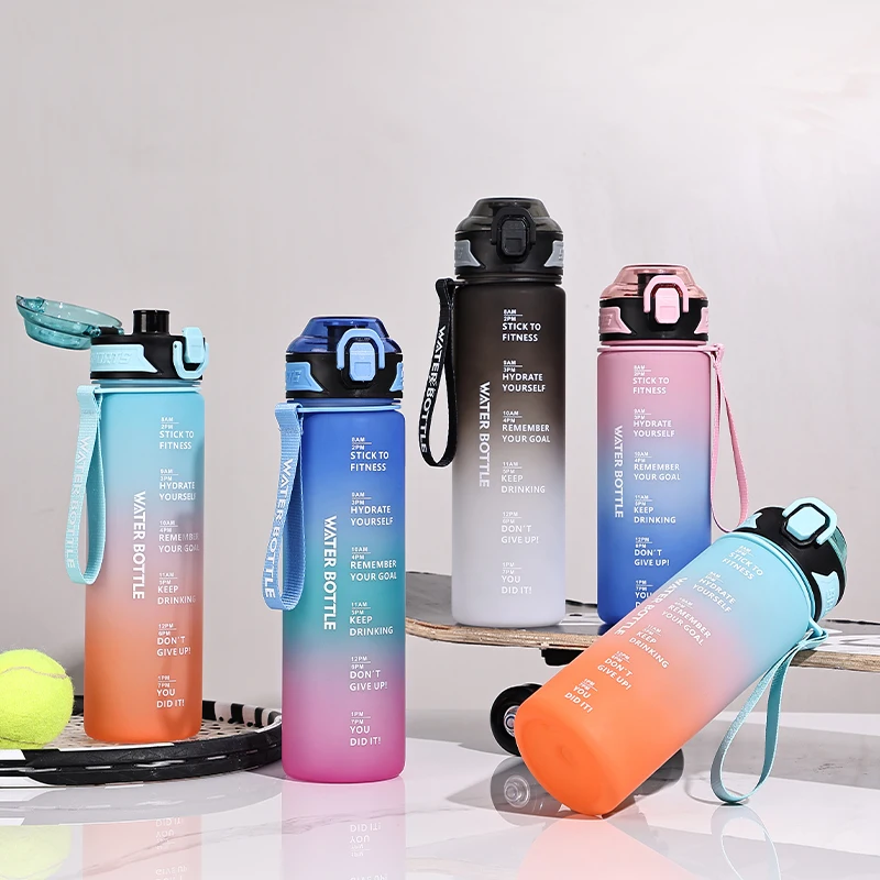 1L Water Bottle Leakproof Gradient Matte Motivational Water Bottle with Time Marker Drinking Water Bottle for Sports Gym Travel