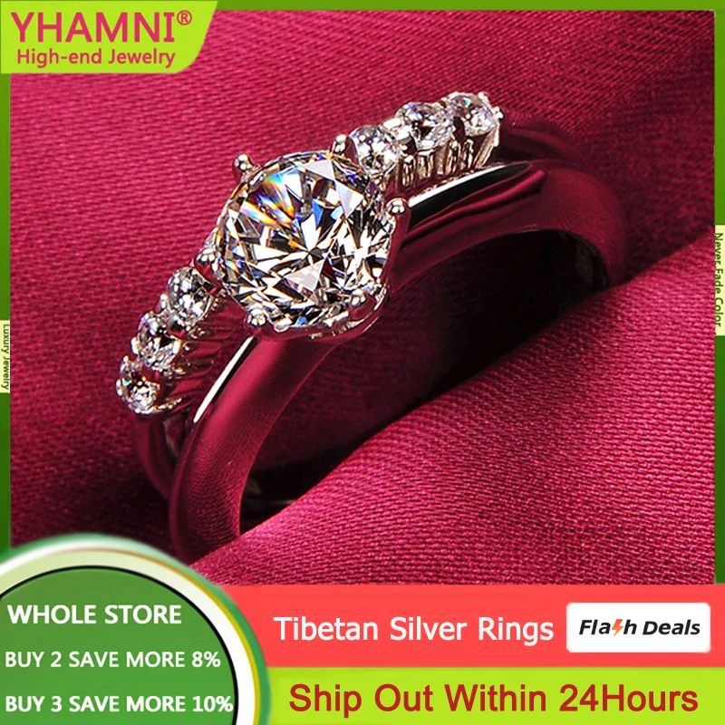 2Pcs Wedding Rings Set for Women Dazzling Round 1 Carat Zirconia Diamant Rings Women Accessories Trendy Tibetan Silver Jewelry