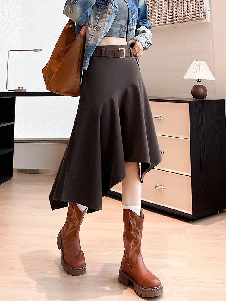 

Women Autumn Winter New Style Irregular Design Sense Half-length Skirts Artistic Unusual Solid Mid-Length Denim Skirt