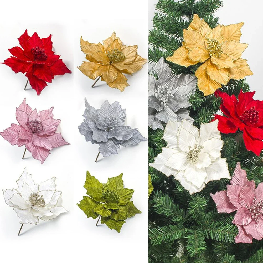 1Pc Glitter Kunstmatige Poinsettia Kerst Bloemen Hoofden Kerstboom Ornamenten Voor Thuis 2023 Nieuwjaar Navidad Decor Noel Geschenken