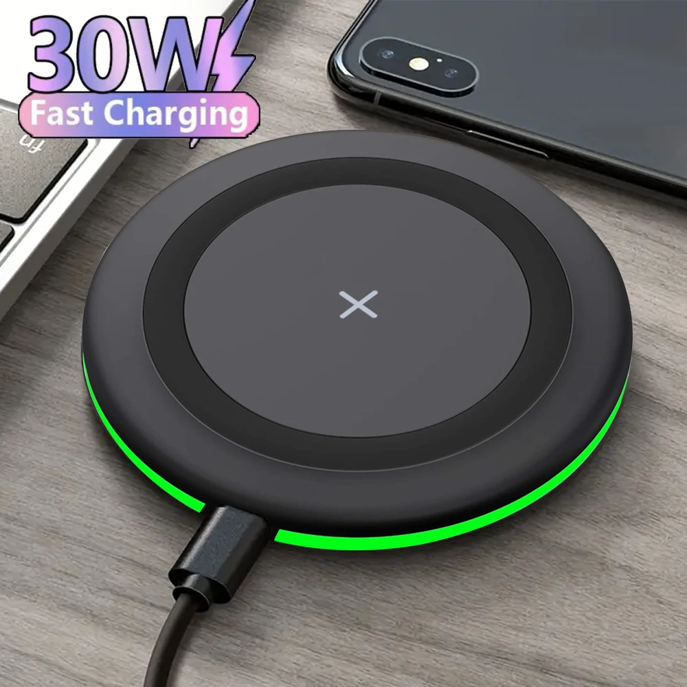 Carregador Sem Fio 30W com LED e Suporte para Celular, Compatível com iPhone 17 16 15 14 13 12 Pro, Base de Carregamento Rápido para Xiaomi Samsung