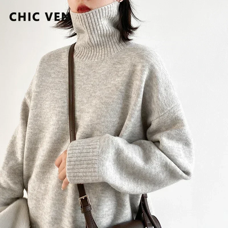 CHIC VEN Korean Women\'s Sweater Loose Turtleneck Sweaters Warm Solid Pullover Knitwear Basic Female Tops Autumn Winter 2022