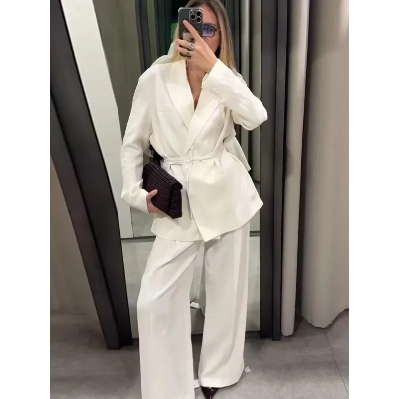 

Elegant Chic Blazer Coat For Women Fashion White Pockets Lace Up Suit Jackets 2025 New Spring Office Lady Casual Loose Outerwear