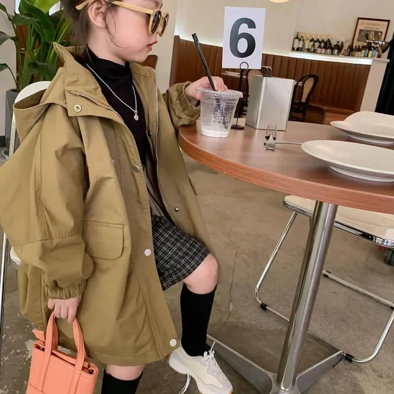 

Children's Spring And Autumn Korean Style Hooded Windbreaker Jacket 2024 New Boys And Girls Fashion Loose Mid-Length Jacket Coat