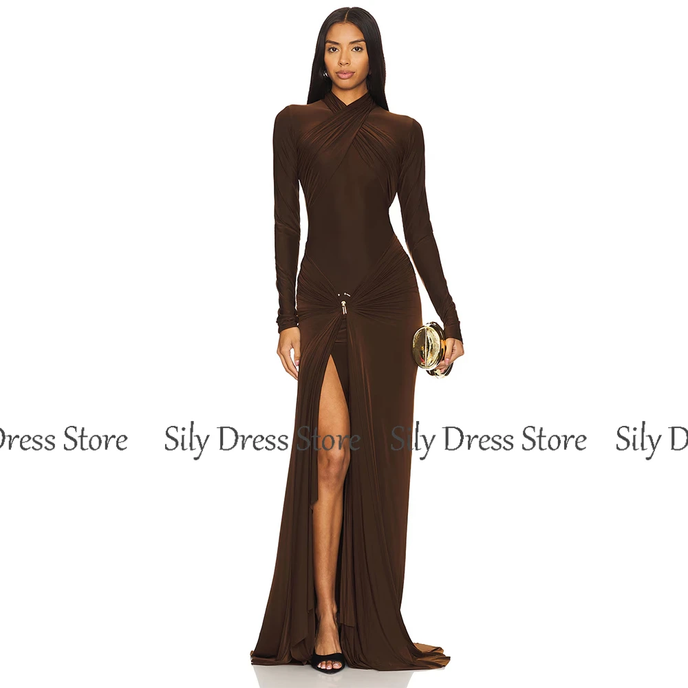 Saudi Women's Evening Dresses Spandex Sheath/Column Clubbing Dress Brown Halter Pleat Front Split Valentine's Day Gown Long