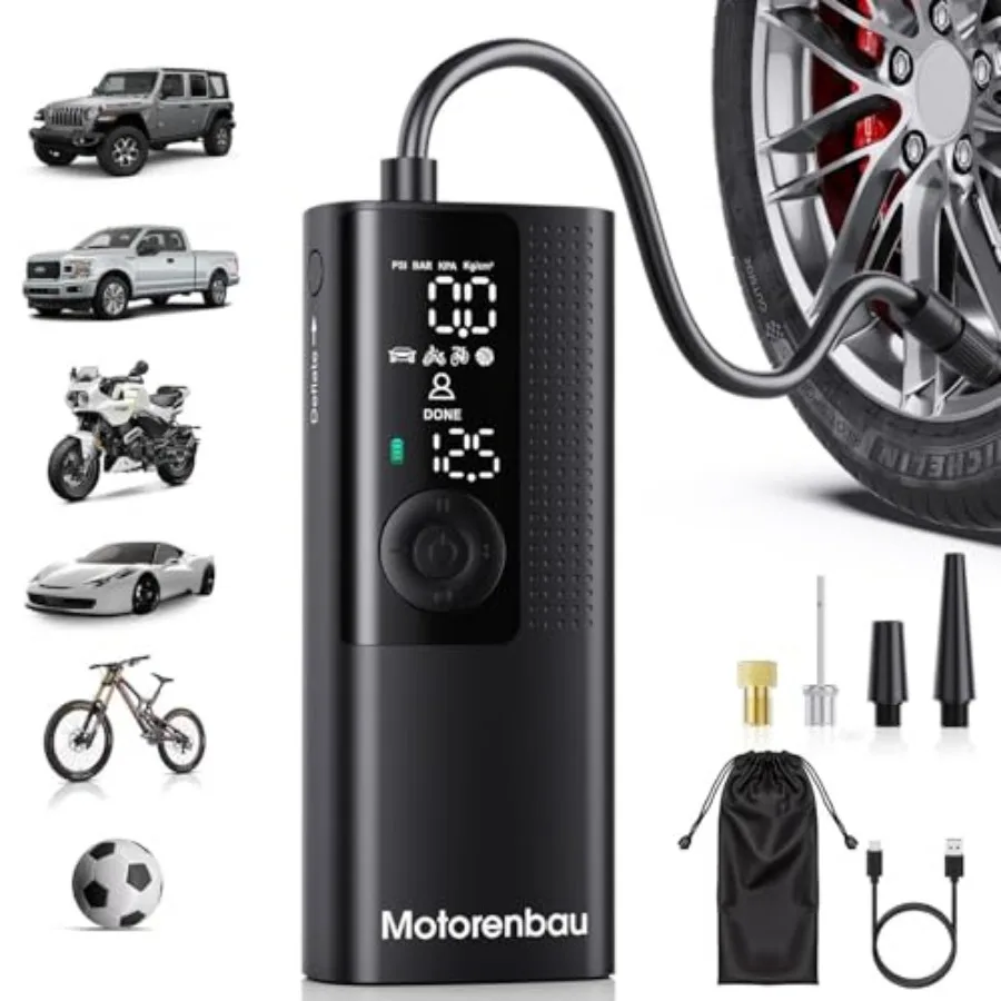 

Tire Inflator Portable Air Compressor - Portable Cordless Mini Air Pump with Digital Pressure Gauge 150PSI 3X Fast Inflation an