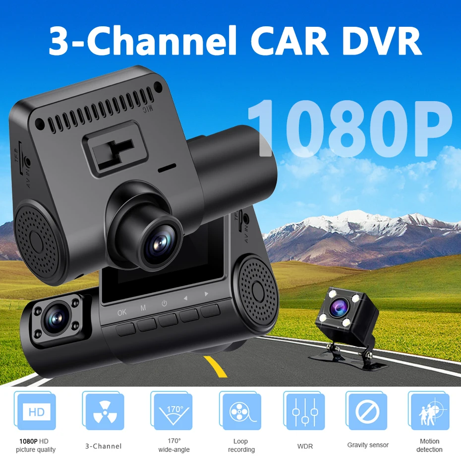 3 Channel Car DVR HD 1080P 3-Len Inside Vehicle Dash Cam Three Way Camera DVRs Recorder Video Registrator Mini Dashcam Camcorder