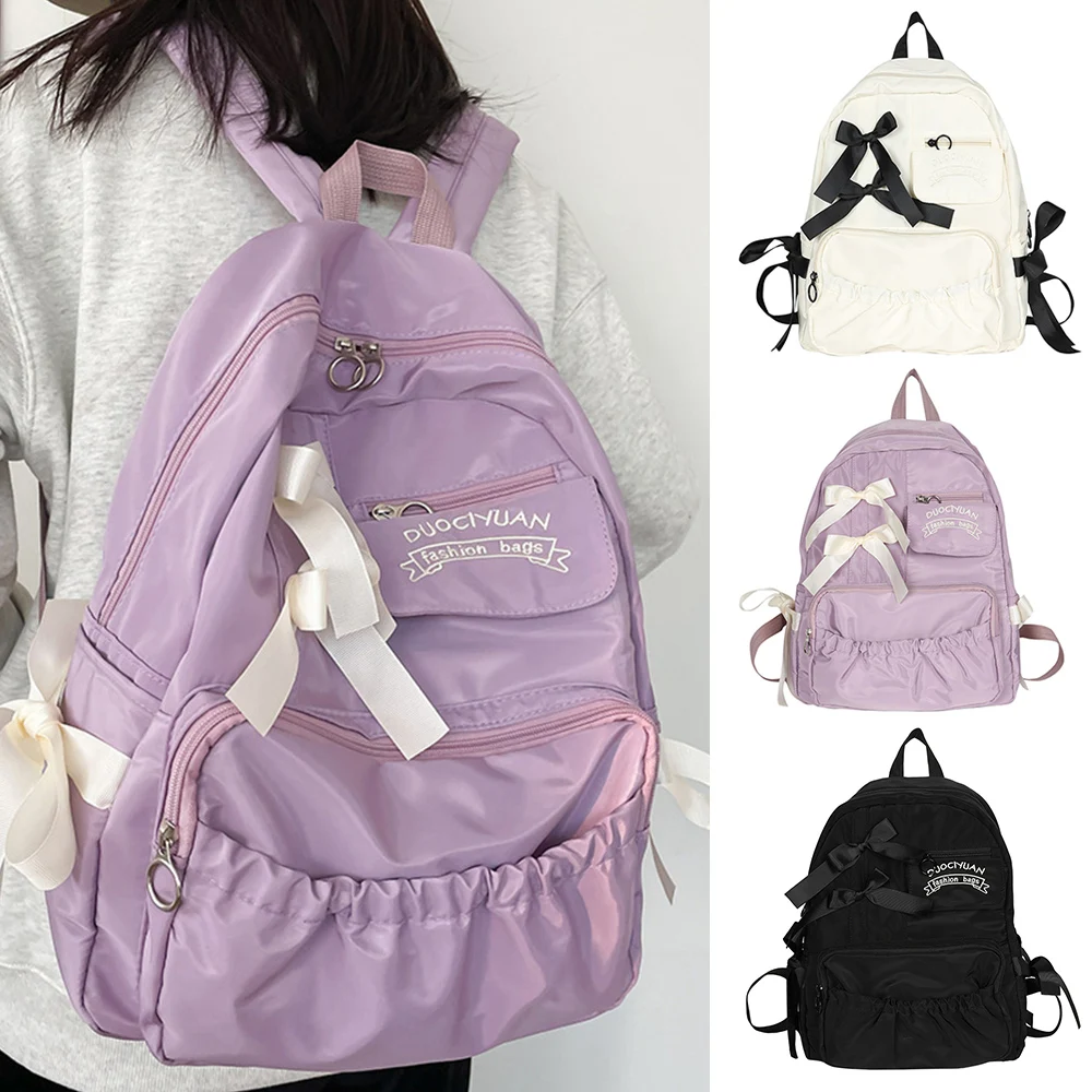 Popular Purple Color Bowknot Fashion Backpack Canvas School Bag for Teenager Girls Black White Women shoulder bag Nylon Book Bag