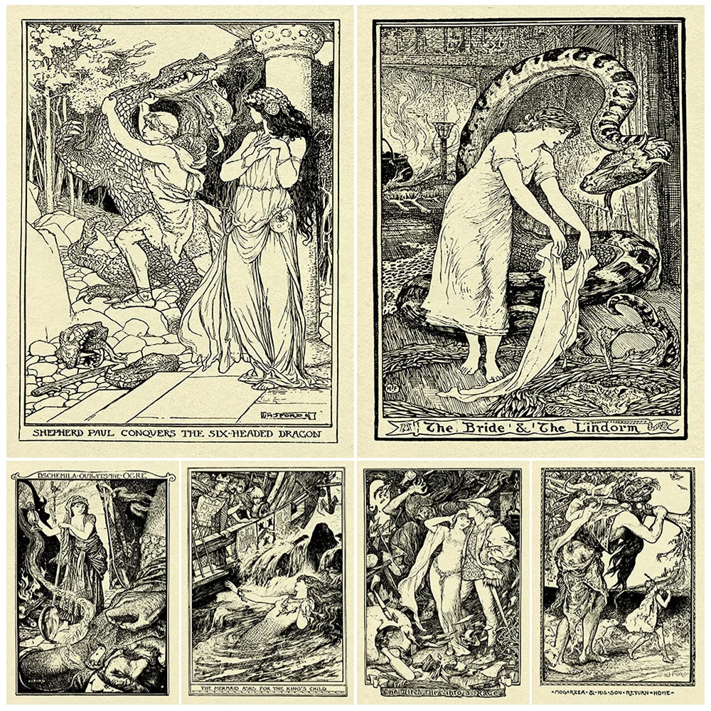 

The Six-Headed Dragon,Lindworm,Ogre,Witch,Mermaid,Folktales Page Wall Art Print Norse Mythological Creatures Art Poster Print