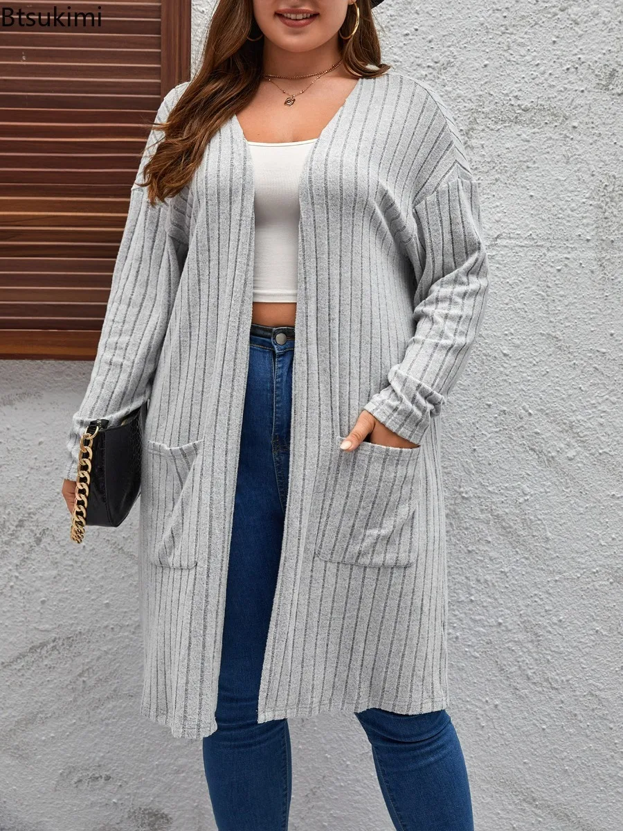 2024 Women\'s Knitted Plus Size Outwear Cardigans Jacket Fall Winter Clothes Knitted Coat Fashion Long Top with Pockets Wholesale