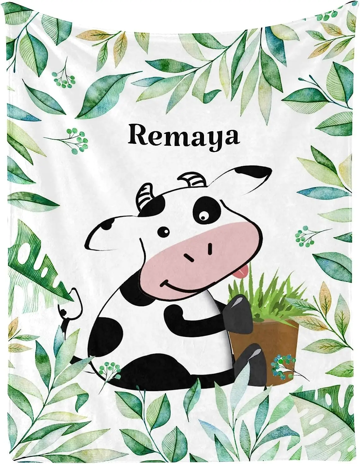 Floral Leaves Farm Cow Personalized Kid Baby Blanket Customized 30 x 40 Inch Throw with Name Text for Girl Boy Baby