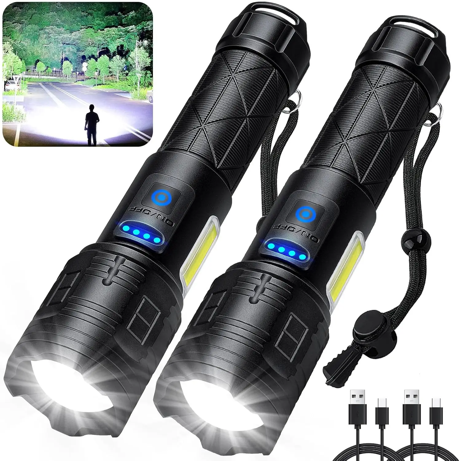 Lumen Super Bright Flashlight with USB Cable, 7 Modes Powerful Flashlight Waterproof Flash Light for Home Emergencies Camping