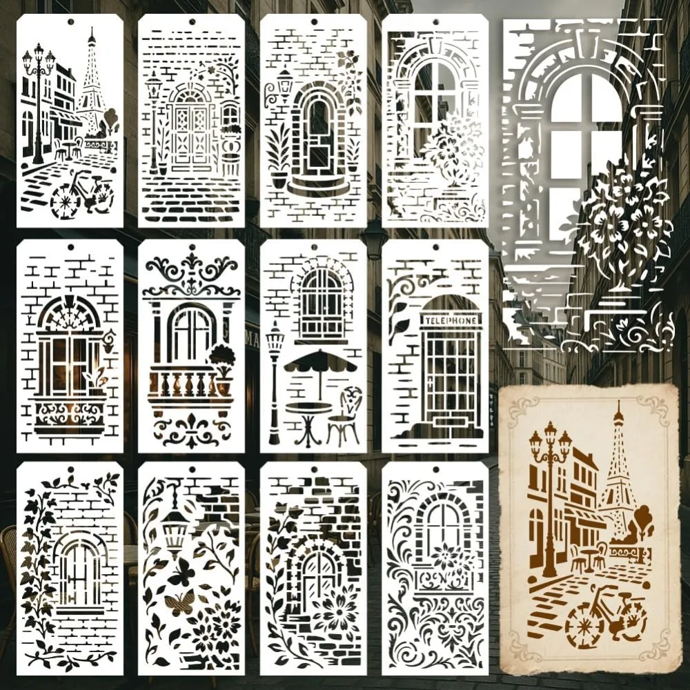 

12 Sheets Retro French Texture Stencils for Painting 12 Styles French Street View Designs Drawing Templates Vintage Pattern