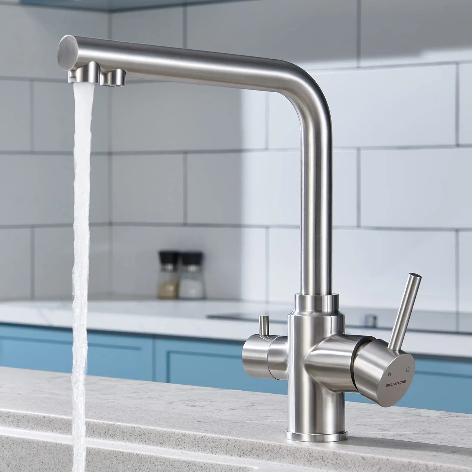 Oeegoo 3-Wege-Küchenarmatur, 360 °   Drehbarer Trinkwasserhahn mit 2 Hebeln, Küchenmischbatterie für