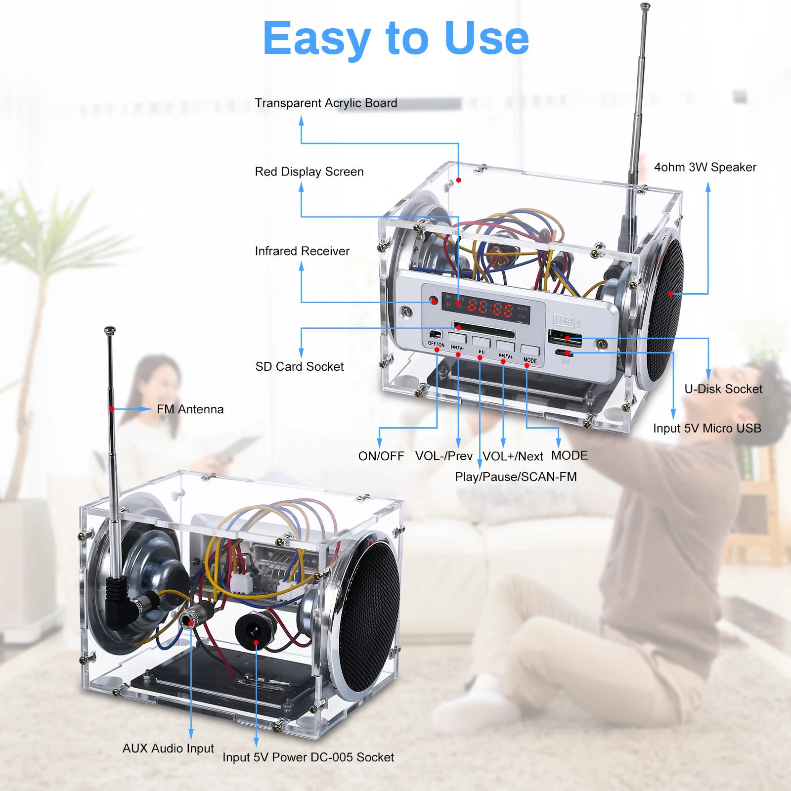 DIY FM Radio Kit Bluetooth-Compatible Speaker Electronic Soldering Practice Home Outdoor Sound Amplifier for School Education