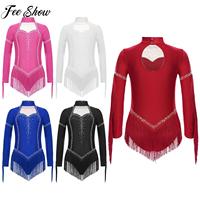 Girls Long Sleeve Fringe Bodysuit Latin Tango Dancewear Rhinestones Tassels Samba Dance Leotard for Gymnastics Figure Skating