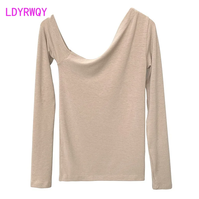 New Style Slanted Edge Off Shoulder Show Body Tight Show Thin Versatile Long Sleeve Underlay T-shirt