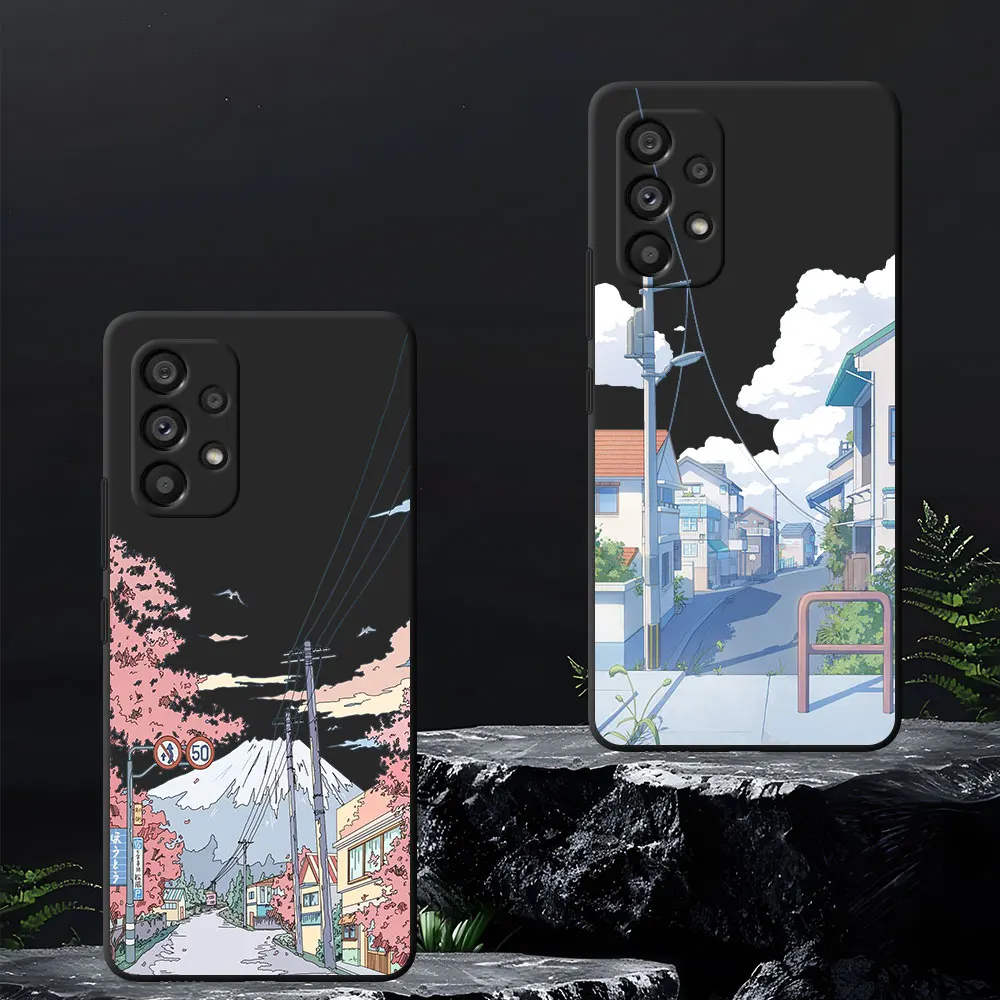 Black Phone Case For Samsung Galaxy A55 A16 A54 A34 A12 A14 A33 A15 A21s A53 A35 A51 A11 A17 TPU Cover Anime Aesthetic Scenery