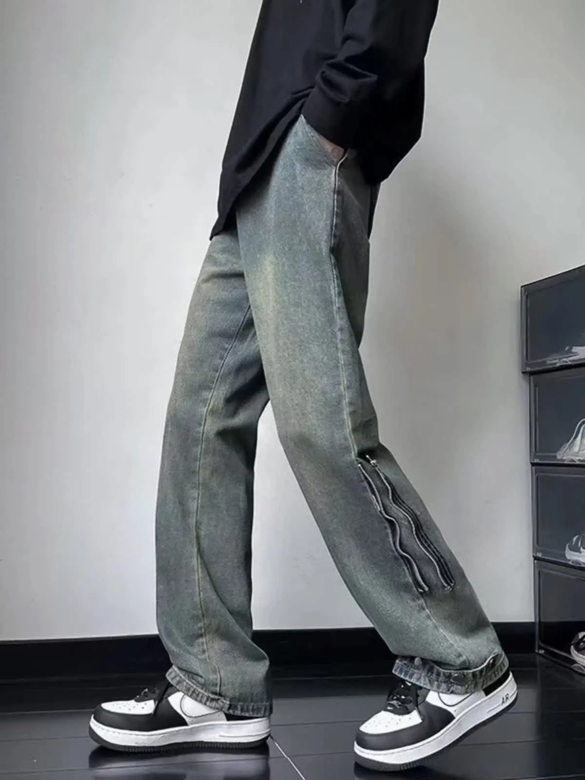 

Loose Straight Leg Vintage American Sle Jeans High Street Denim Pants for Men And Women with Zipper And Button Autumn Yello...