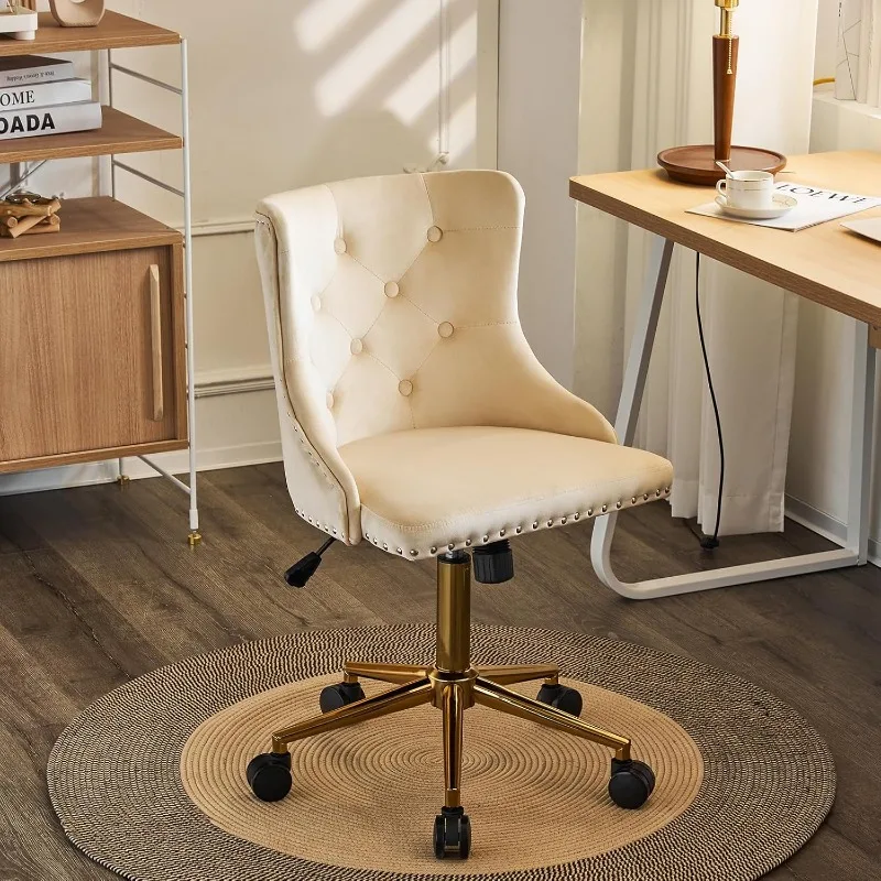 Beige Velvet Armless Home Office Desk Chair with Gold Base/Wheels, Small Cute Vanity/Makeup Chair with Back for Bedroom,