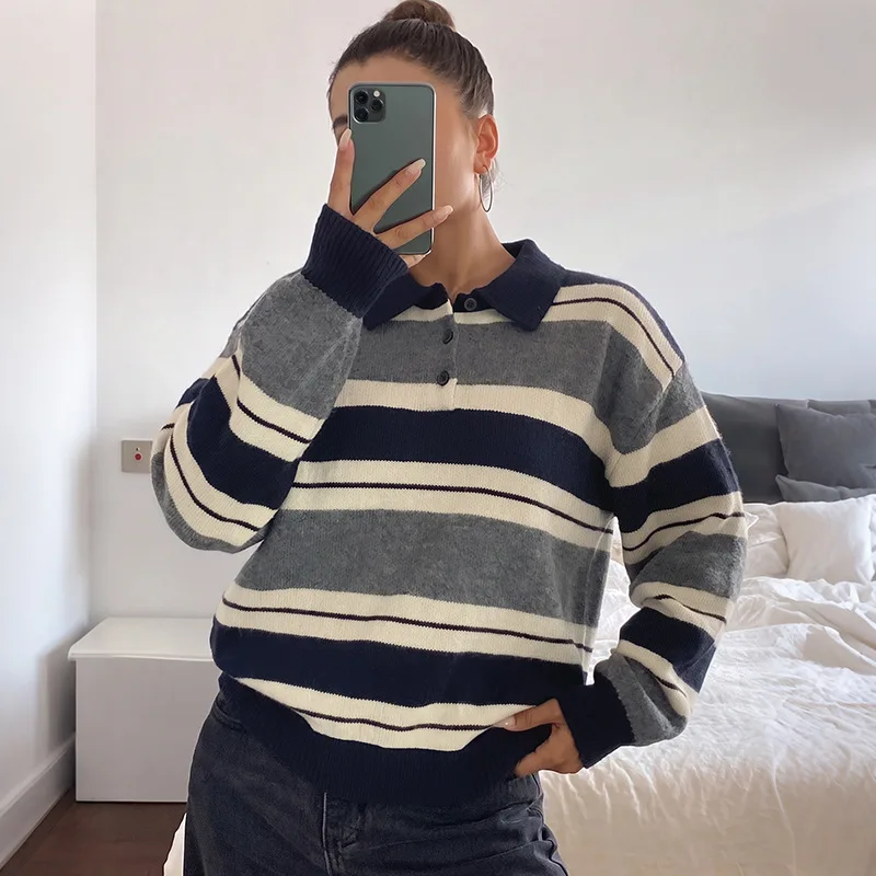 Y2k Streetwear Elegant Knit Striped Autumn Winter 2026 Pullovers Women Sweaters Turn Down Collar Long Sleeve Vintage Jumpers