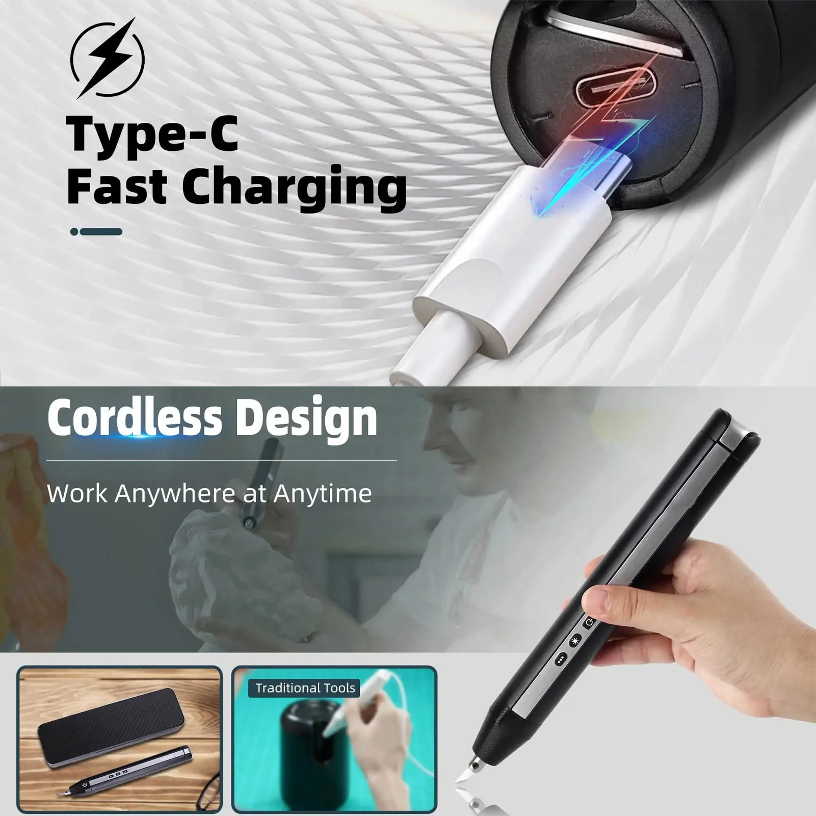Ultrasonic Cutter 40KHz Cordless Handheld 3 Modes with LED Light 24Pcs Cutting Tips for 3D Printed Model PVC Leather Wood