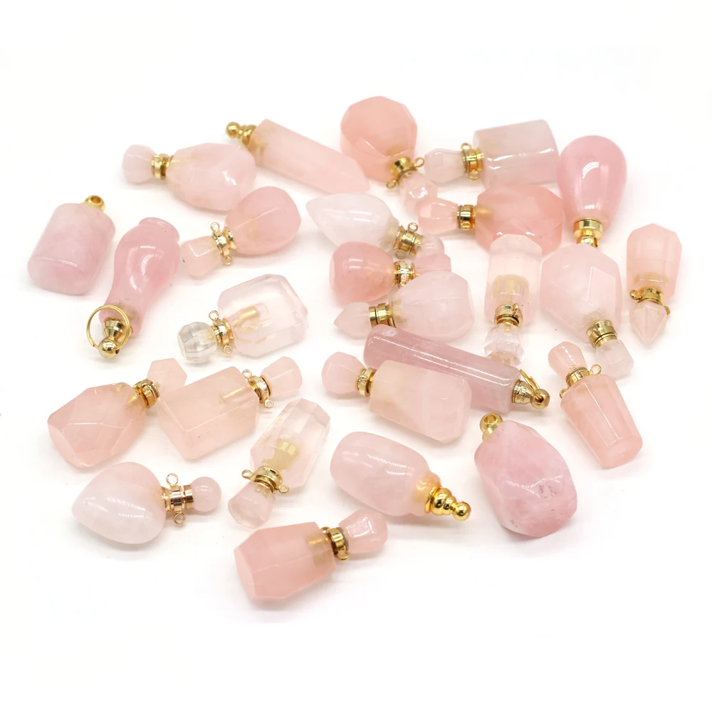 Natural Rose Quartz Perfume Bottle Pendant Gemstone Essential Oil Vial Charm for DIY Necklace Jewelry Making Supplies Accessory