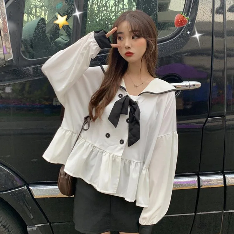 Korean Style Women Shirt Long Sleeve Bow Top Female Autumn Sailor Collar Fashion Woman Blouse 2024 Cute Ruffles Button Clothes