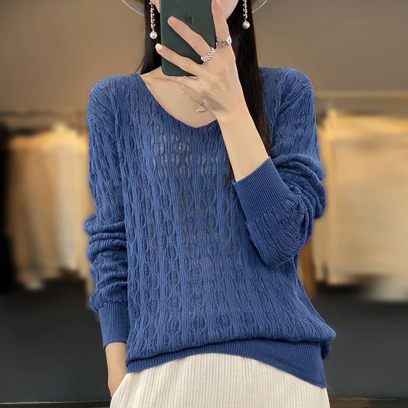 Autumn New Women 100% Pure Cotton Soft Sweater V-neck 3D Jacquard Hollowed out Pullover Loose Fashion Knitwear Casual Base Top