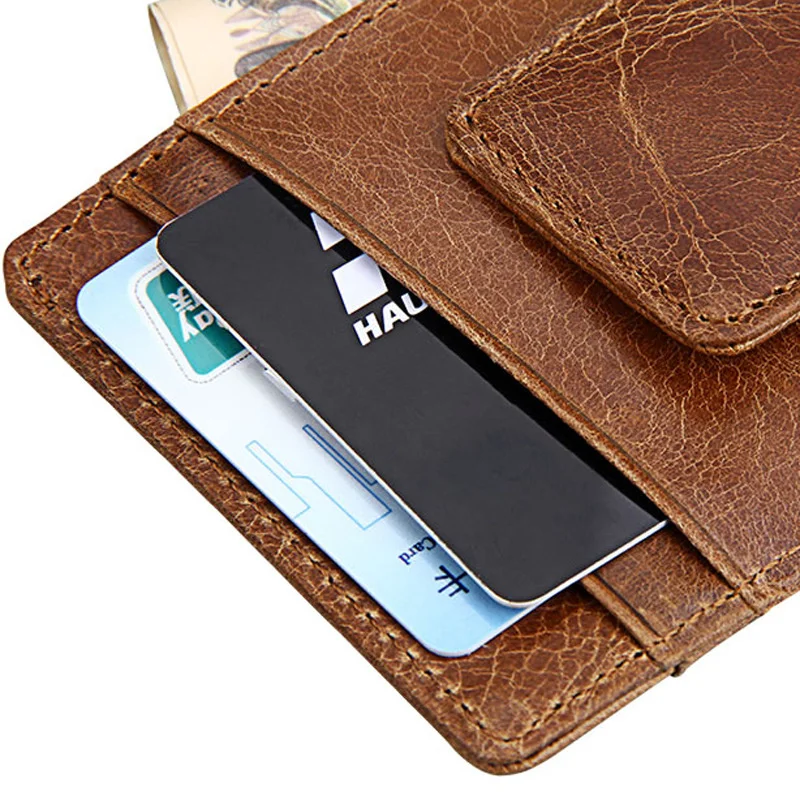 Cowhide Anti-magnetic Men's Money Clip with Iron Suction Retro Multi-card Card Holder Multifunctional Ultra-thin Short Wallet