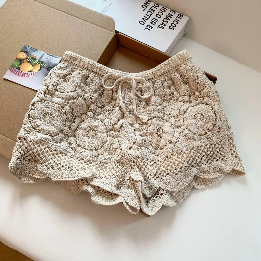 Bohemian Lace Hollow Knitted Short Pants Women's High Waist Straight Leg Beach Swimming Suit Holiday Three-Quarter Length Shorts