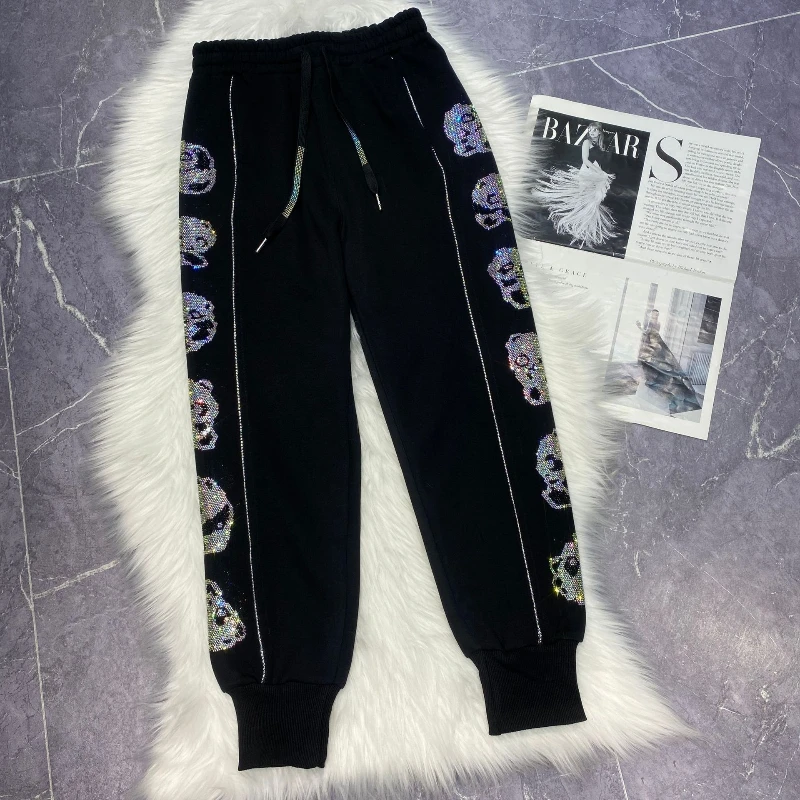 Elastic Waist Fashion Women Sweatpants 2024 New Autumn Cute Panda Diamonds Sports Pants All-match Casual Black Long Trouers