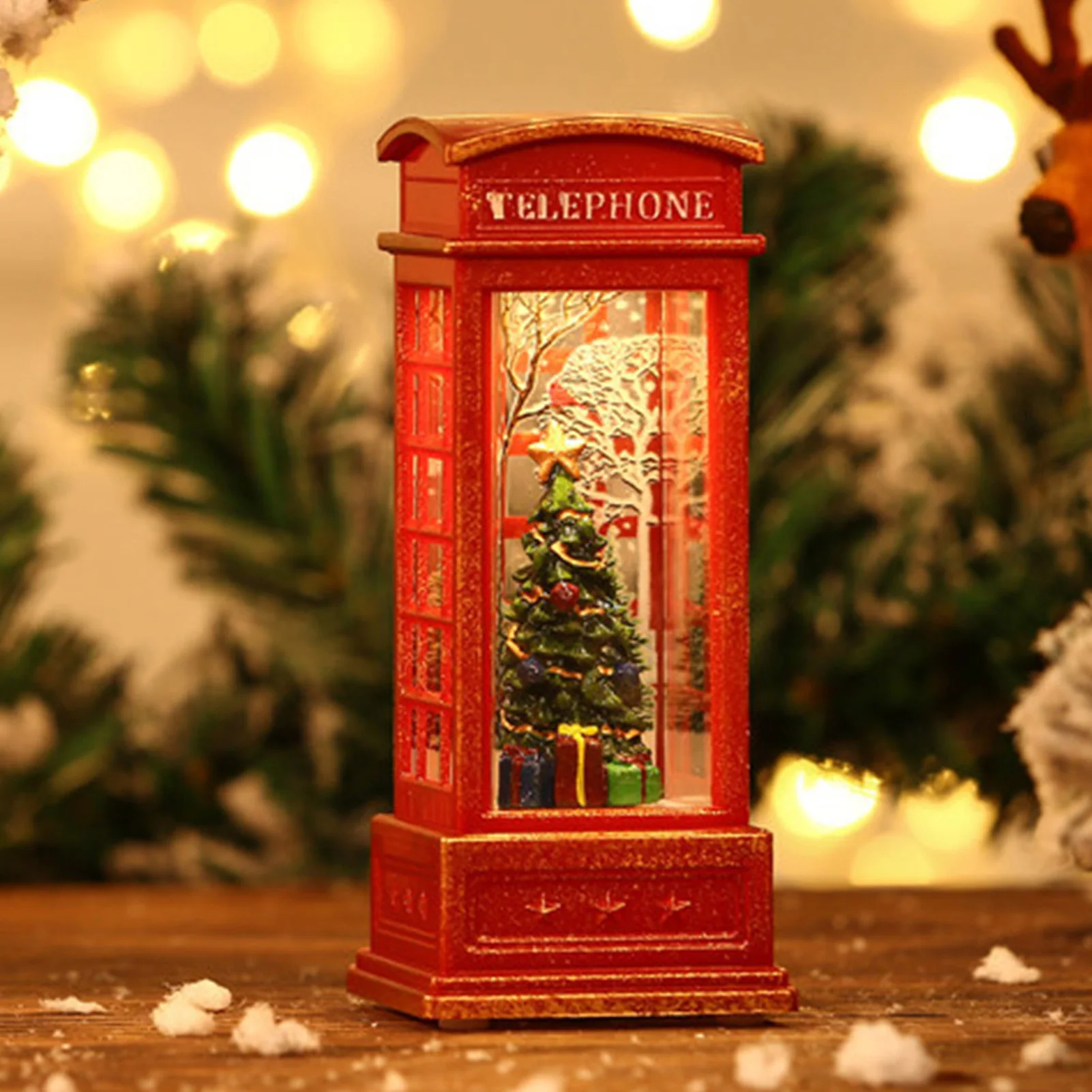 Vintage Red Telephone Booth Lantern Figurine Christmas Luminous Decorative Ornaments For Bar KTV Xmas Festival DIY Decoration