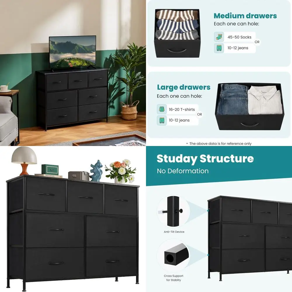 

Черный комод с 7 ящиками для спальни, тканевая тумба для хранения в гостиной, деревянный органайзер для прихожей со стальным каркасом и легким выдвижным механизмом