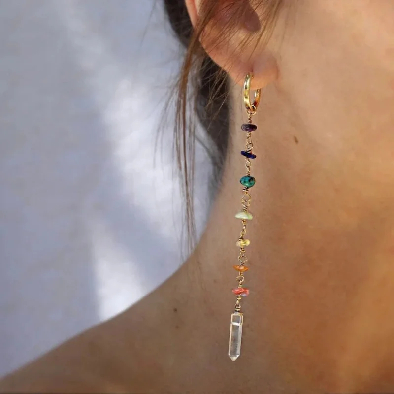 

7 Chakra Natural Stone Dangle Earrings for Women Stainless Steel Gold Plated Unique Handmade Long Drop Designer Earrings