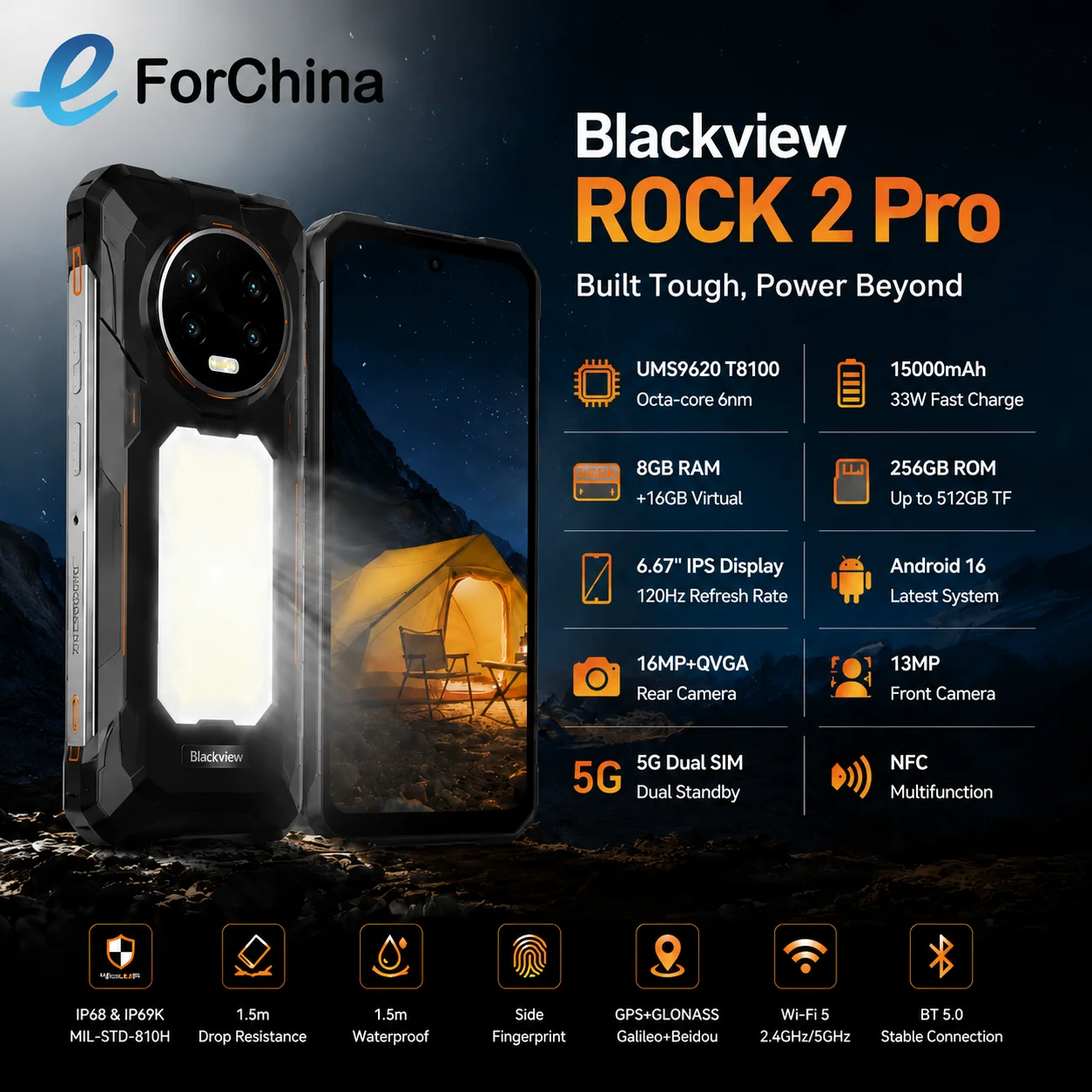 Blackview ROCK 2 pro Rugged Smartphone 6.67'' 2.4K Display 15000mAh Battery 33W 16MP Camera 8GB+256GB Android 16 NFC
