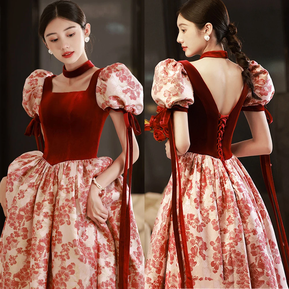 

Chinese Bride Wedding Dress Women Qipao Cheongsam Sexy Burgundy Velvet Backless Evening Party Dress Retro Princess Prom Dress