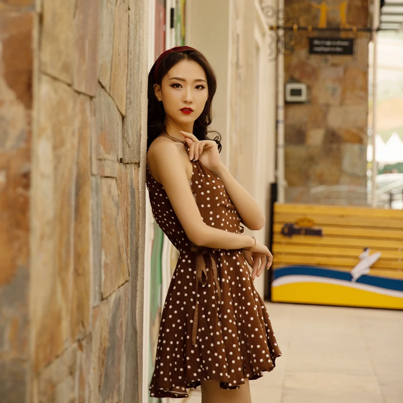 

Retro Fashion Tea Color Dot Large Backless Chiffon Camisole Sun Dress Summer Short Mini Casual Lady Thin Elegant Soft Clothes